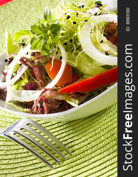 Fresh vegetables salad with fork and green cover. Fresh vegetables salad with fork and green cover