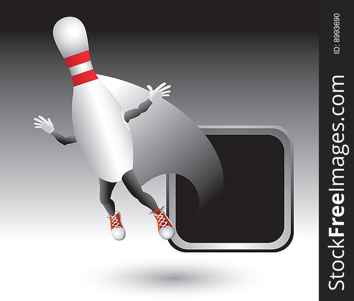 Cartoon character of a bowling pin flying out of a silver frame. Cartoon character of a bowling pin flying out of a silver frame