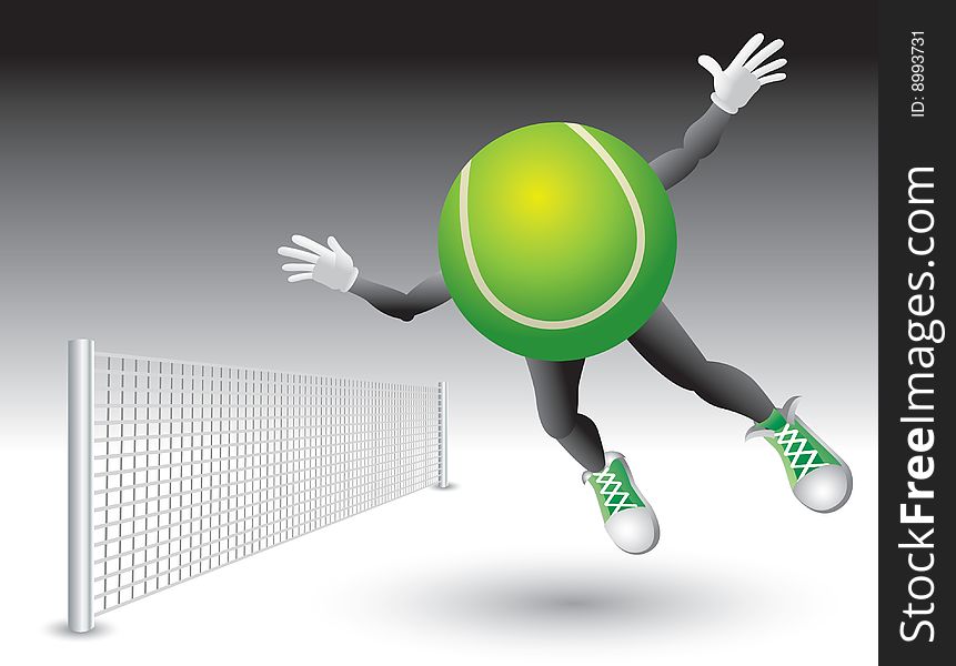 Flying tennis ball cartoon character soaring to the net. Flying tennis ball cartoon character soaring to the net