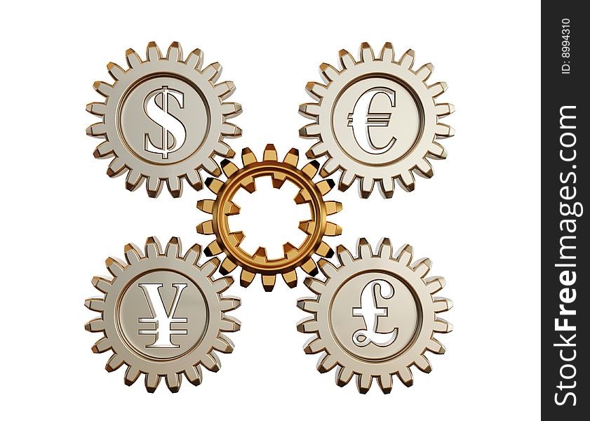 3d model a gear wheel with the image of currency symbols. The financial concept. It is isolated on a white background. 3d model a gear wheel with the image of currency symbols. The financial concept. It is isolated on a white background