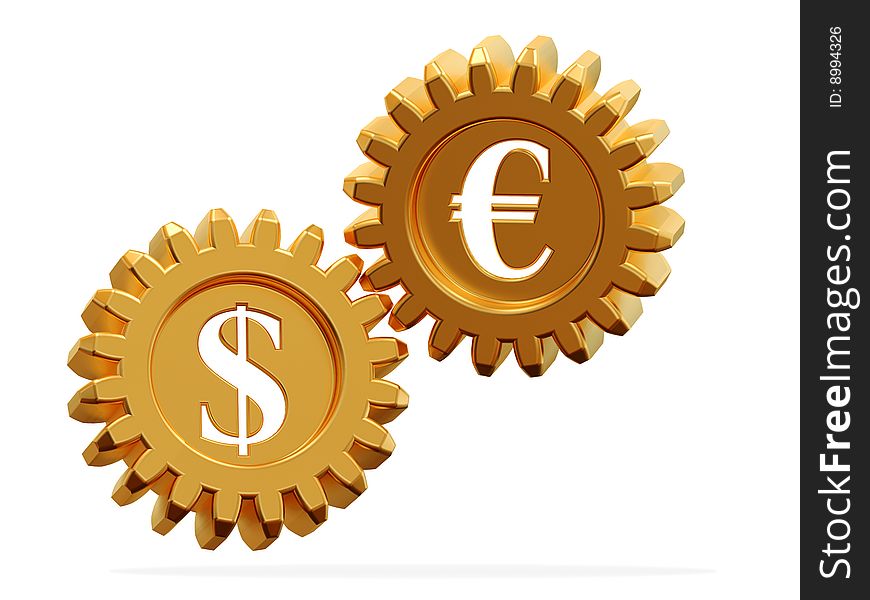 3d model a gear wheel with the image of currency symbols. The financial concept. It is isolated on a white background. 3d model a gear wheel with the image of currency symbols. The financial concept. It is isolated on a white background