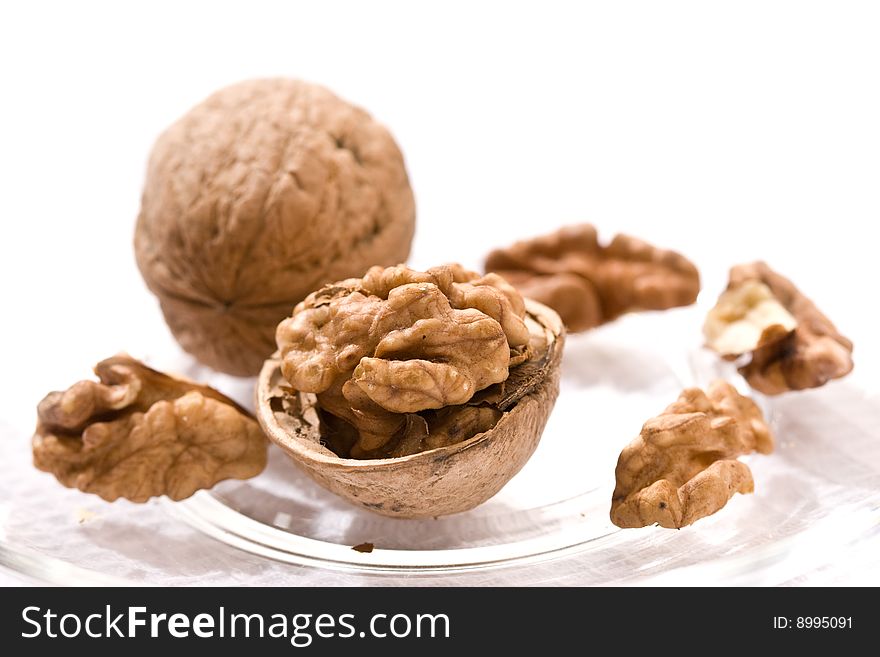 Food serias: walnut with cracker on the white