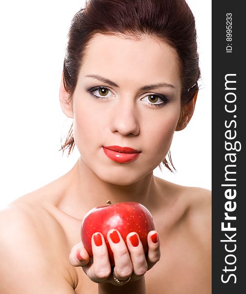 Closeup portrait of girl with red apple over white. Closeup portrait of girl with red apple over white