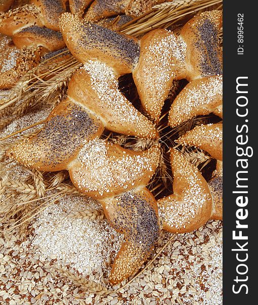 Background of baked bread and cereals