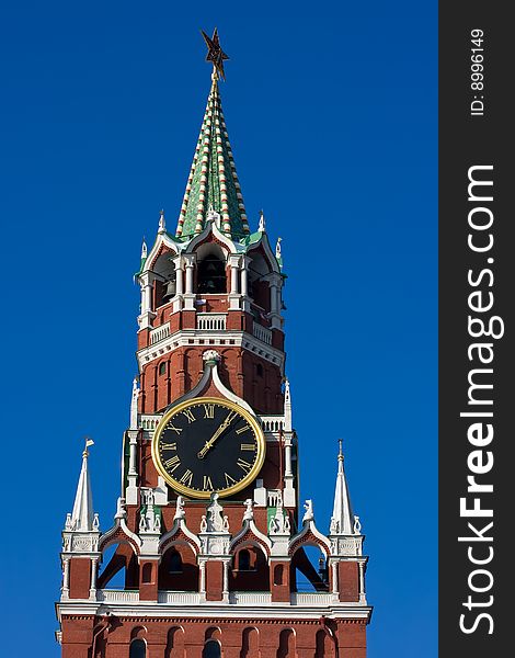 The famous Spasskaya tower with its ruby star, Moscow. Russia