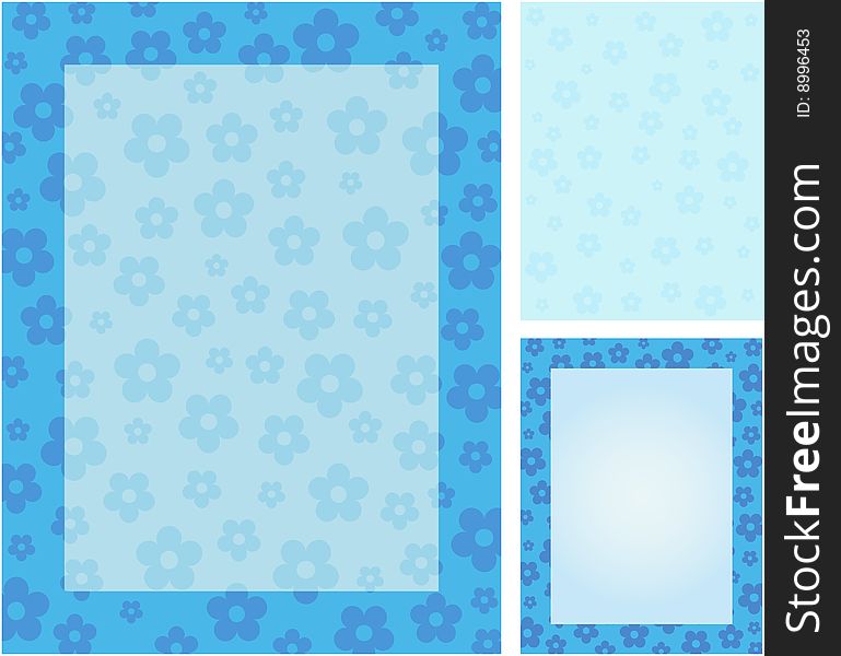 A blue spring flower background. The variations include a flowered border with a plain center, a flowered border with a flowered center and flowers without a border. This design is available in JPG and EPS 8 format.