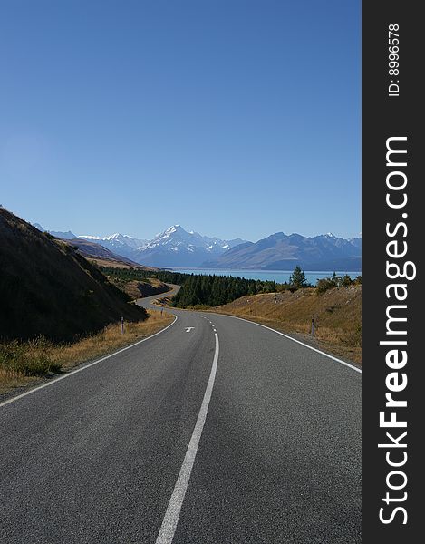 Road to Mount Cook along the lake, New Zealand. Road to Mount Cook along the lake, New Zealand