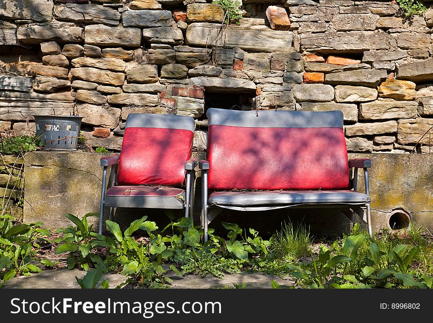Idyllic seat bench on an old Farmland