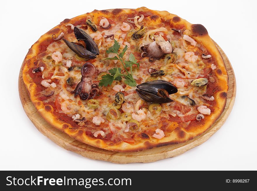 Pizza with seafood, an octopus and Mussel