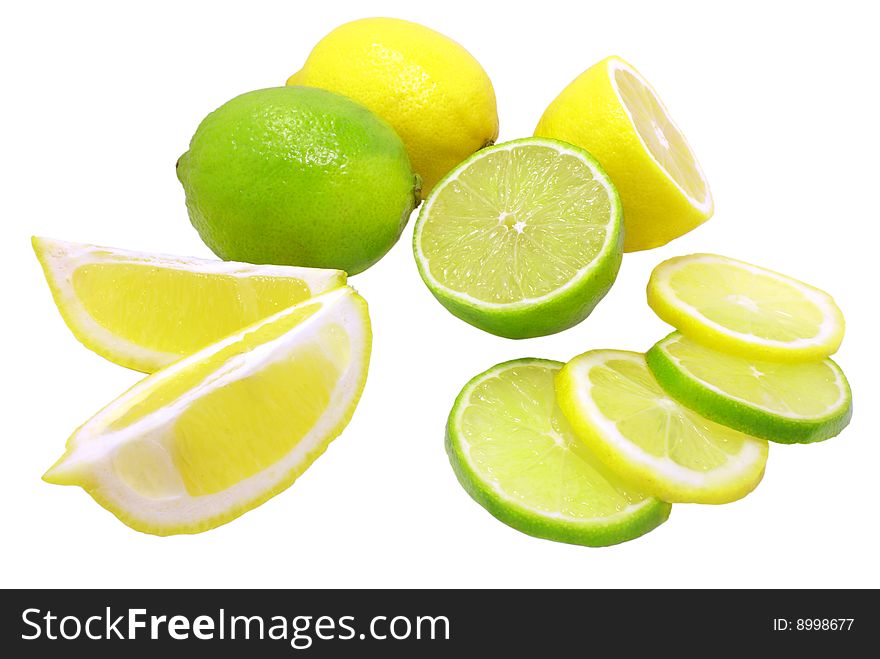 Group of fresh lemons and limes isolated over white with clipping path. Group of fresh lemons and limes isolated over white with clipping path