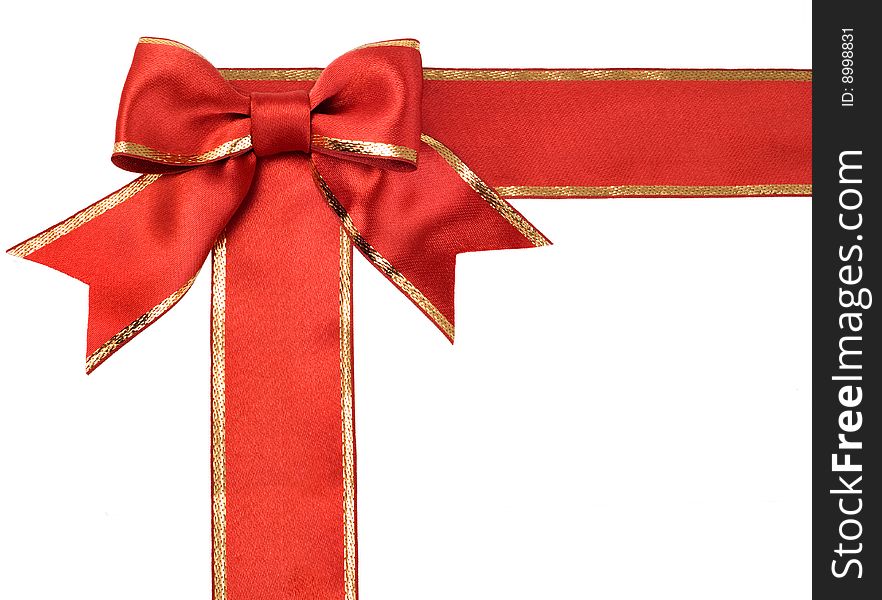 Gift satin red ribbon bow on white background. Gift satin red ribbon bow on white background