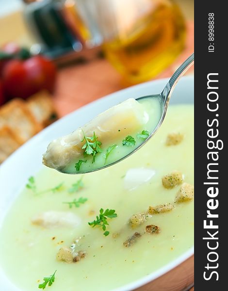 Soup Of Asparagus And Croutons, Close Up