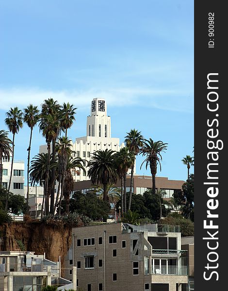 Clock tower overlooking santa monica beach. Clock tower overlooking santa monica beach.