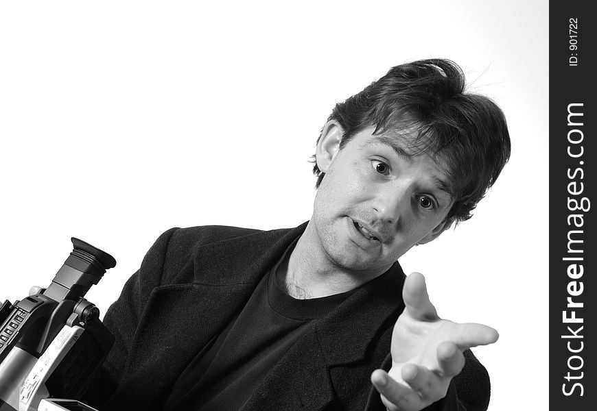 Unshaven man with video camera gesturing (black and white). Unshaven man with video camera gesturing (black and white)
