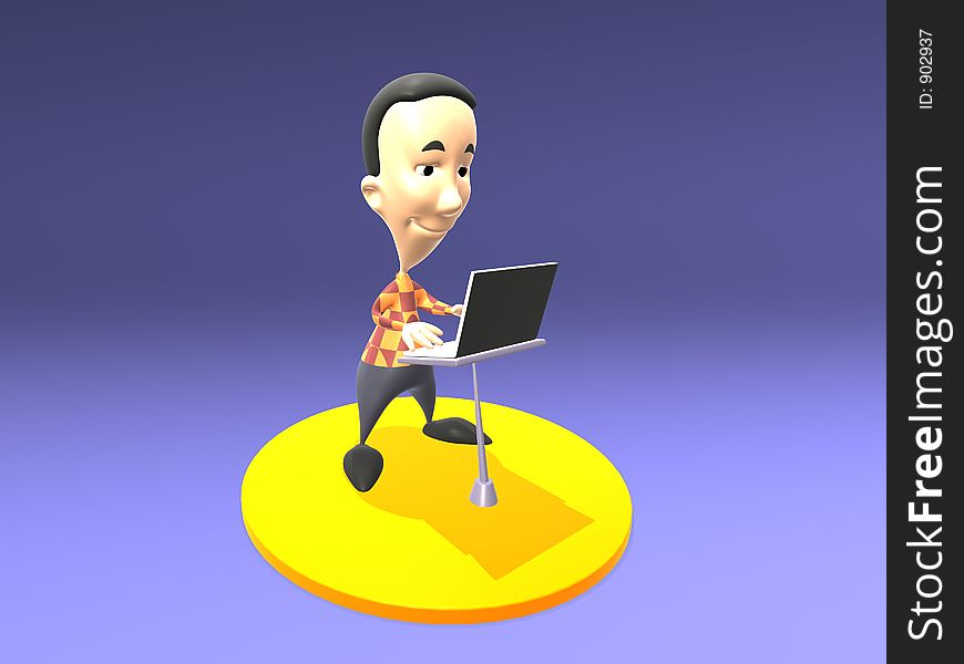 Toon 3D generated guy playing with his laptop