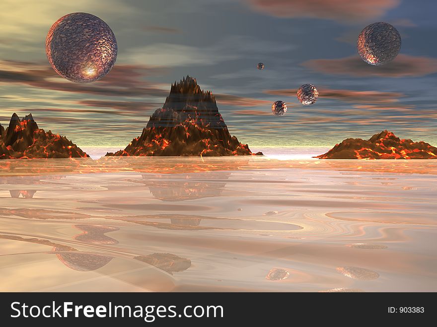 Lava flowing mountains and sphere. Lava flowing mountains and sphere