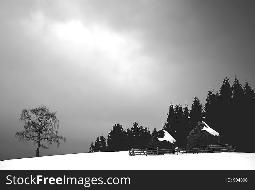 Winter landscape on dark apocalyptic sky. Winter landscape on dark apocalyptic sky