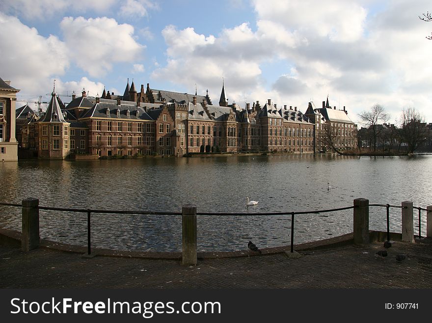 Hofvijver is a small lake on the outside of the upper house of the dutch parliament. To the left is the Mauritshuis a world famous gallery containing works of the dutch masters and to the right is the original dutch parliament building and now the upper chamber (house) of parliament. The dutch parliament is located in the The Hague.