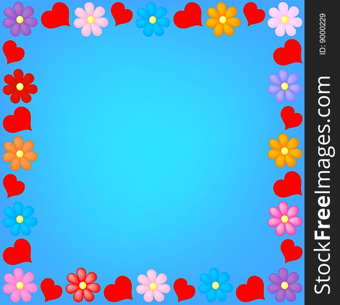 Frame with colorful flowers and red hearts on deep blue background. Frame with colorful flowers and red hearts on deep blue background