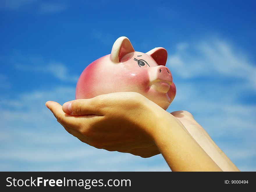 Woman hands holding piggy bank