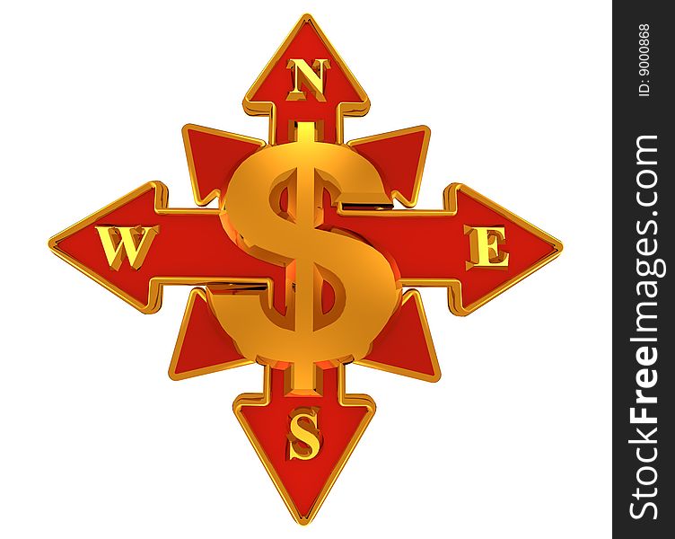 Dollar sign in the middle of the Stylized compass. Dollar sign in the middle of the Stylized compass