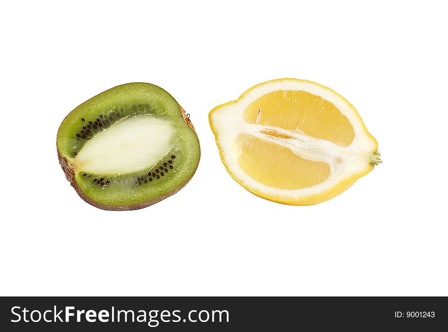 Kiwi and lemon on a white.