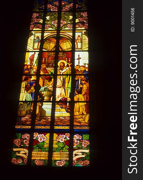 Stained glass window, St. Vitus Cathedral,    Prague, Czechoslovakia [Czech Republic]