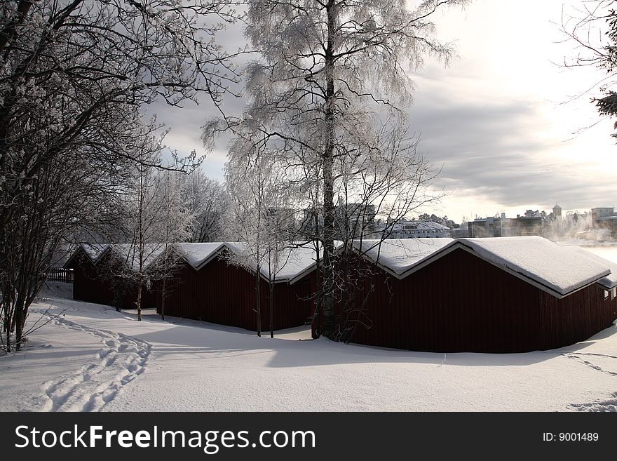 Very cold day, view over a neighbourhood in Finland