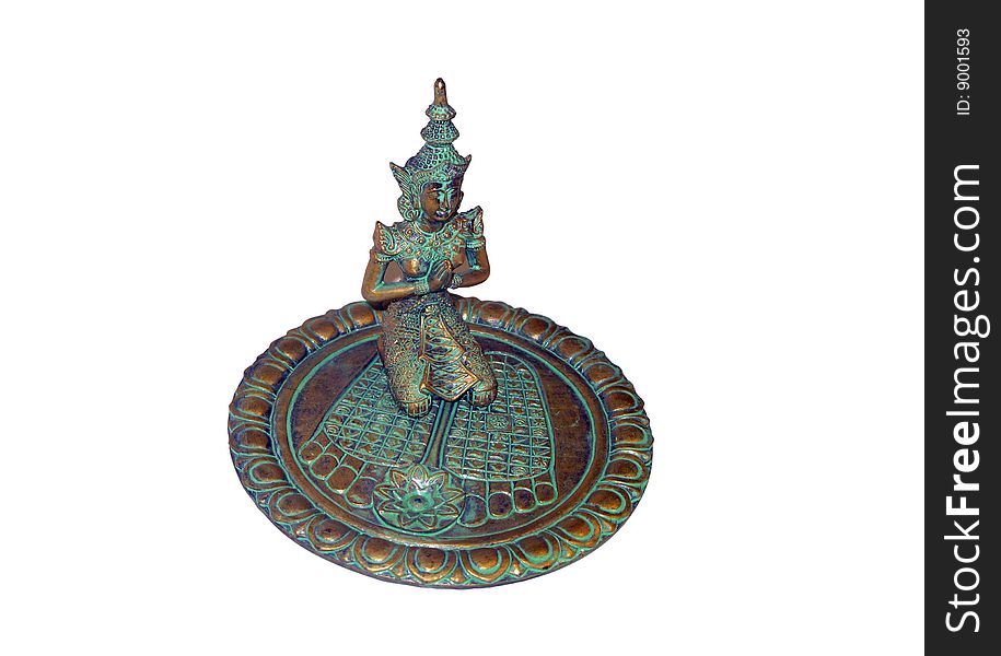 Bronze plate with a figurine of the Indian goddess for aromas isolated on white background
