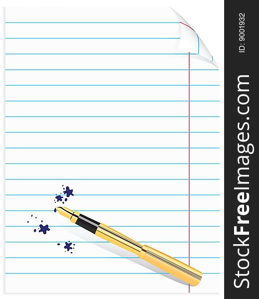 Vector realistic page of notebook with pen and blots. Tke rasterized image is also available as path