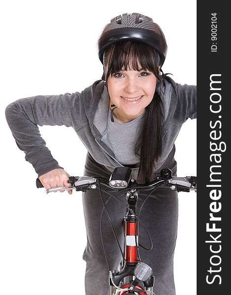 Attractive brunette woman with bike. over white background. Attractive brunette woman with bike. over white background