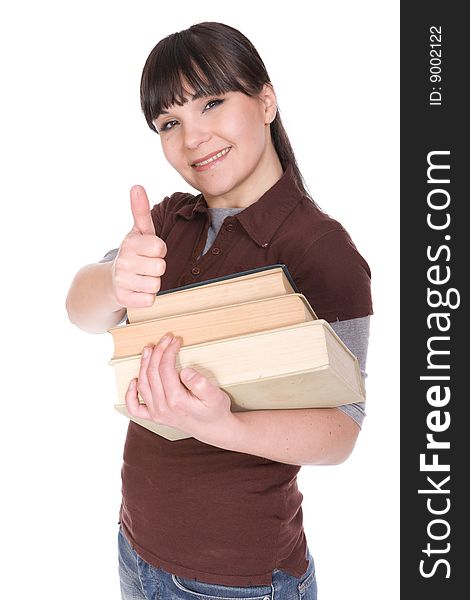 Brunette woman with books. over white background. Brunette woman with books. over white background