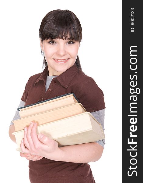 Brunette woman with books. over white background. Brunette woman with books. over white background