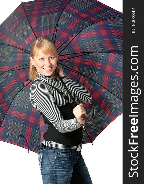 Happy casual girl with checkered umbrella. Happy casual girl with checkered umbrella