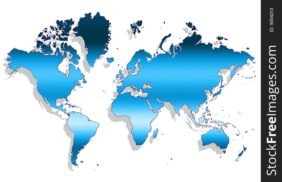 The map of the world with gradient blue colour and shadow isolate background with clipping path