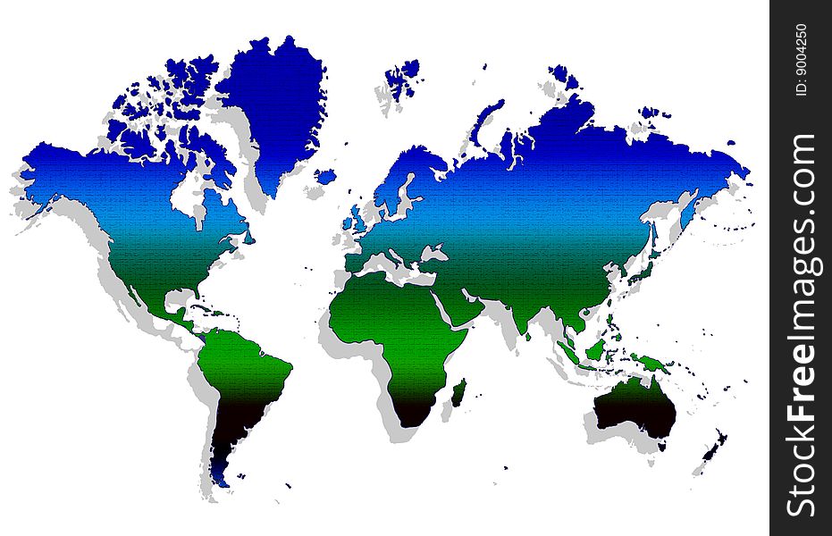 The map of the world with gradient blue and green colour and shadow isolate background with clipping path