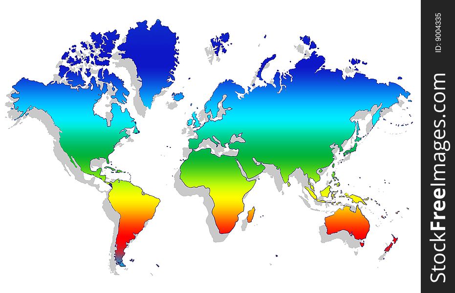 The map of the world with gradient blue and green colour and shadow isolate background with clipping path