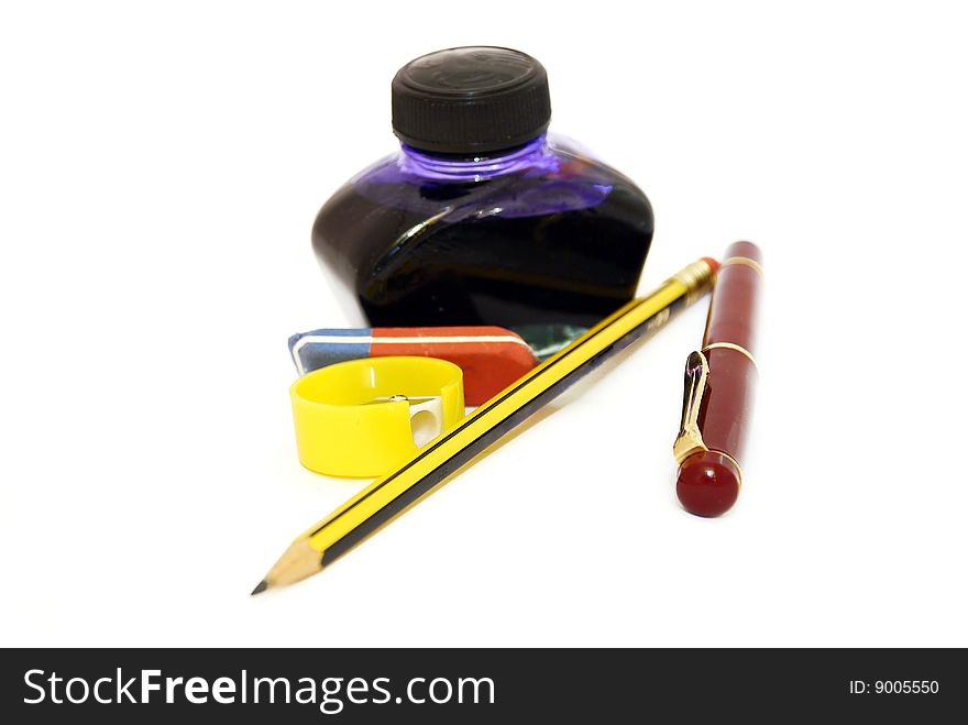 Stationary set consisting of inkbottle,pen eraser. Stationary set consisting of inkbottle,pen eraser