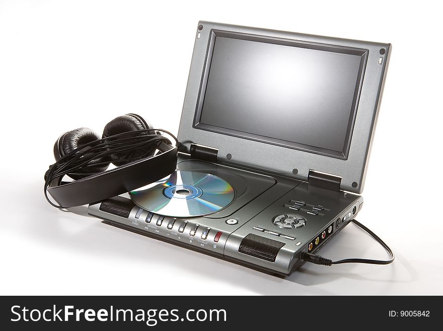 DVD player with headphones on white background