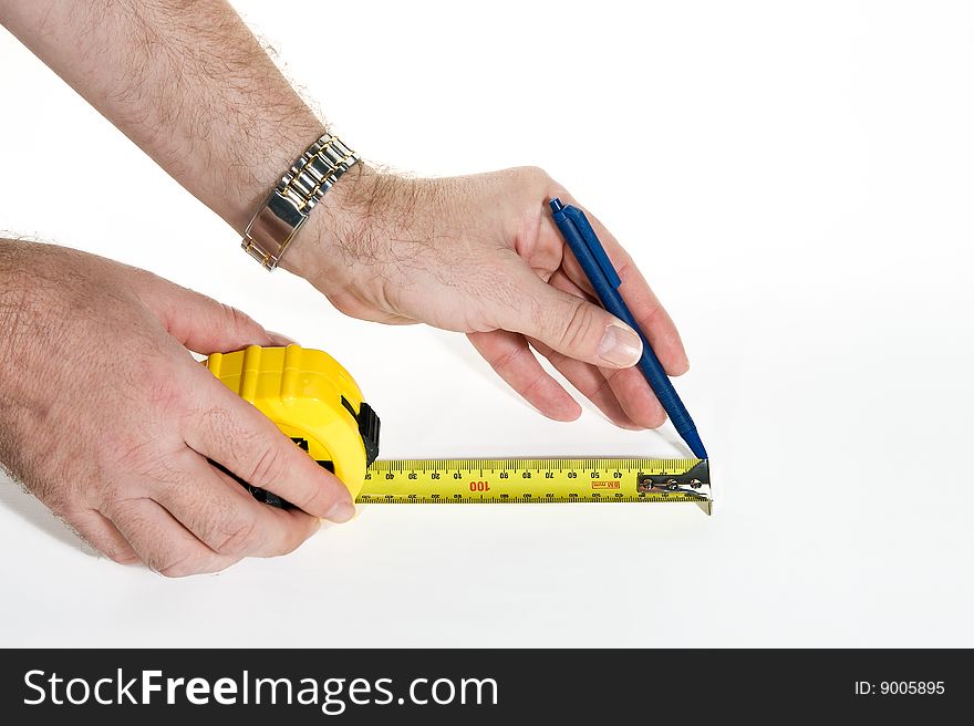 Measurement with measuring tape, on white background