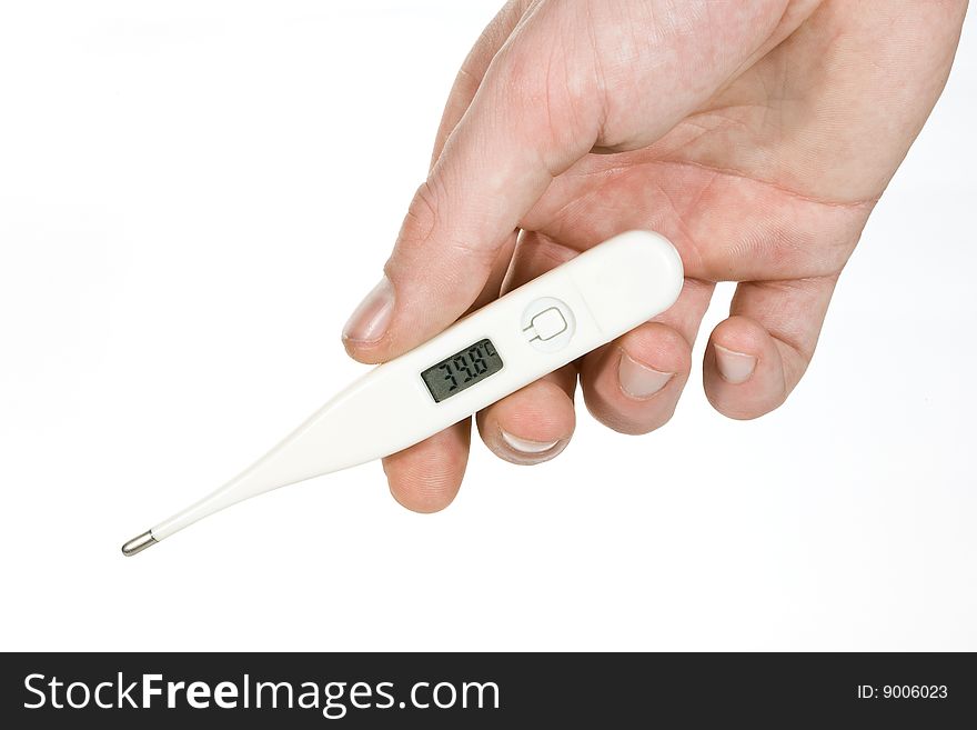 Electronic medical thermometer held in hand on white background