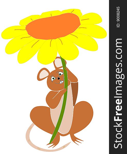 Drawing fantasy depicting a mouse under a flower