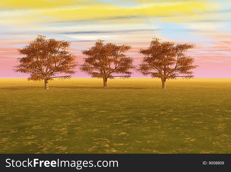 Line of maple trees in a meadow against a vibrant sky. Line of maple trees in a meadow against a vibrant sky.