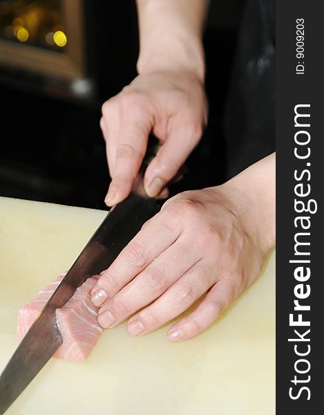 Preparation of food by chef. Preparation of food by chef