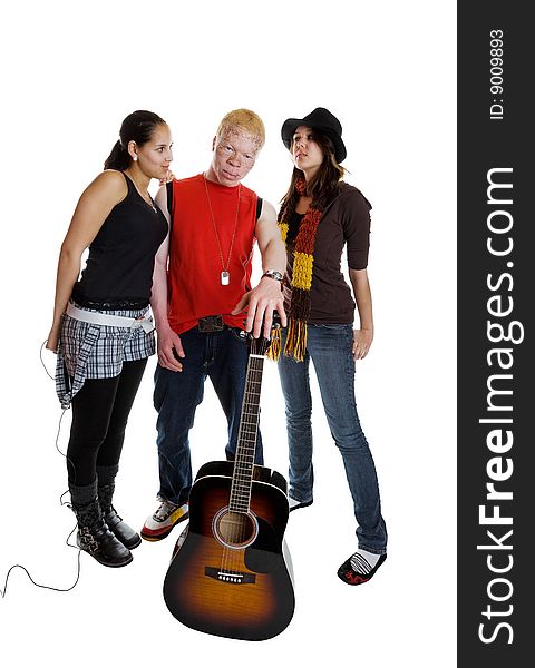A mixed race musical group with a african albino male guitarist. A mixed race musical group with a african albino male guitarist
