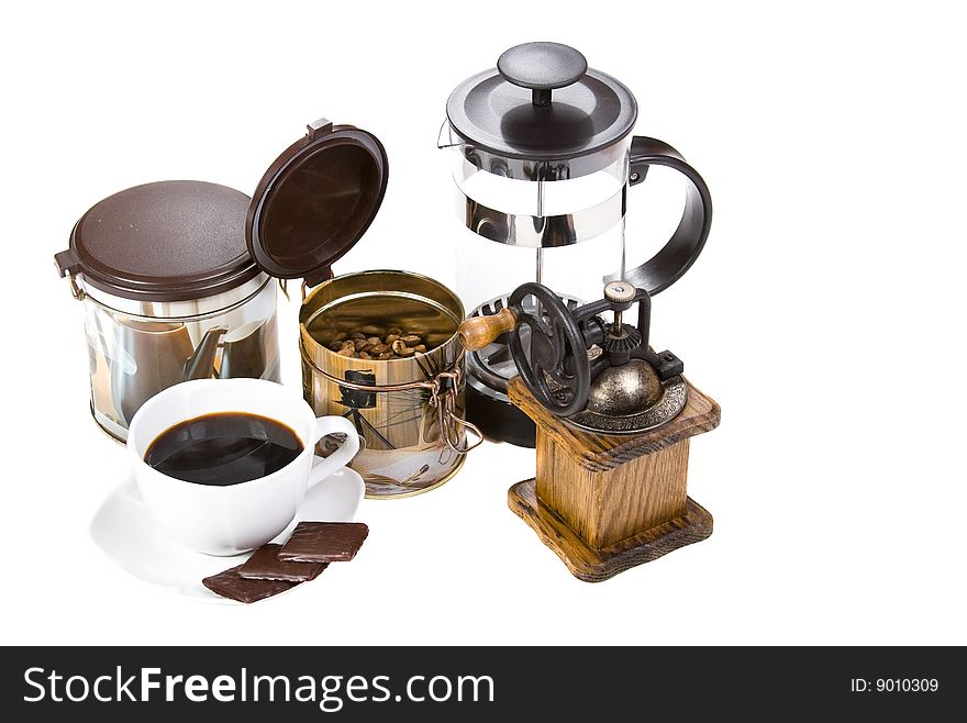 Aromatic sweet coffee in white background