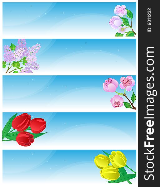 Five horizontal banners with spring flowers on a blue background. There is in addition a vector format (EPS 8). Five horizontal banners with spring flowers on a blue background. There is in addition a vector format (EPS 8).