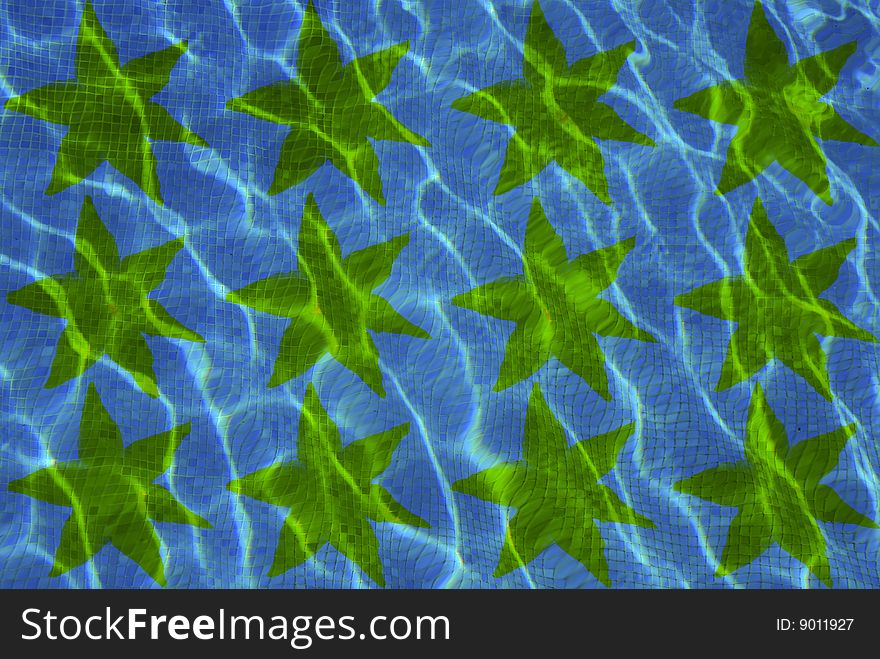 Collage of green stars on a water background. Collage of green stars on a water background