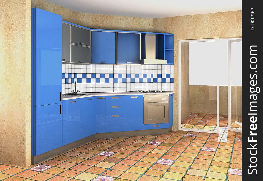 Rendering of modern blu italian kitchen. Rendering of modern blu italian kitchen