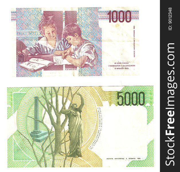 Old italian notes, 1000 and 5000 lire (back). Old italian notes, 1000 and 5000 lire (back)